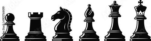 Chess pieces silhouette set, king queen rook bishop knight pawn strategy board game icons isolated on white background