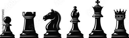 Chess pieces silhouette set including king queen rook bishop knight pawn, strategic board game concept isolated on white background