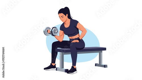 Fit woman wearing black athletic gear sits on a weight bench and performs concentrated bicep curls with a heavy metal dumbbell.