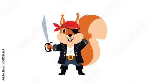 Brave pirate squirrel character wearing a red bandana and an eye patch holds a sharp cutlass sword ready for an ocean adventure.