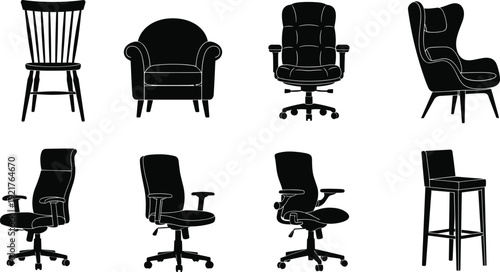Chair furniture silhouette collection featuring modern and classic seating designs, armchairs office chairs bar stools isolated vector set illustration icons