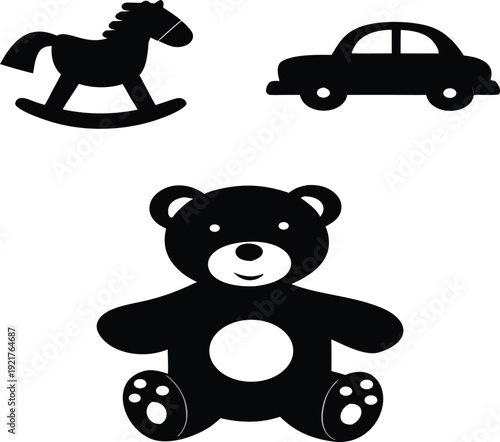 Kids toy silhouette icon set. Vector graphic collection of simple black playtime objects. Includes teddy bear, train, ball, and stacking pyramid. Childhood concept illustration.