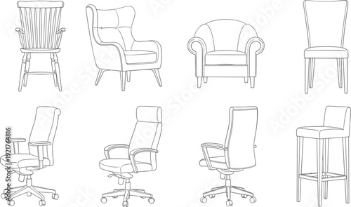 Chair furniture collection line art set, modern and classic seating designs, armchairs office chairs bar stools vector illustration
