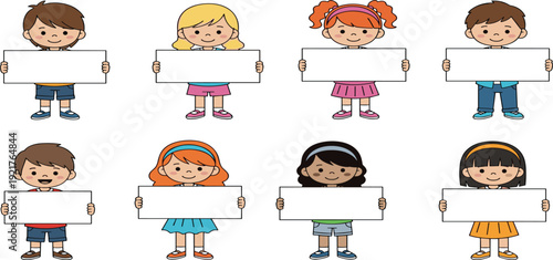 Cartoon children illustration holding blank signs with diverse appearances, perfect for educational projects, classroom activities, playful design, and customizable creative artwork