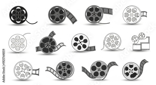 Collection of vintage film reels and spools with cinematic tape.