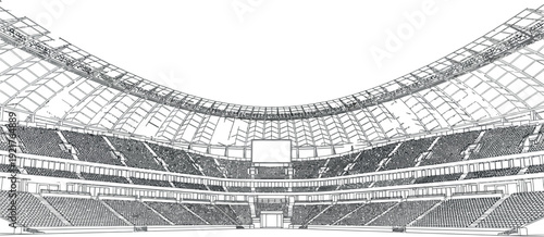 Detailed black and white architectural line drawing illustrating the vast interior view of a modern sports stadium showing tiered seating and a large overhead scoreboard structure