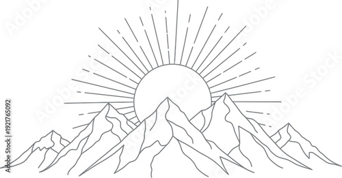 Minimalist black and white line art illustration depicting a stylized sun rising dramatically over a jagged mountain range peaks creating a simple yet striking outdoor adventure design element.