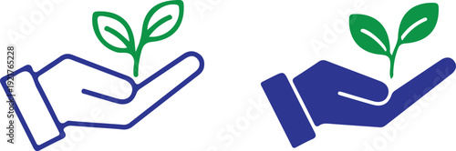 bule hand holding green leaf growth nature two icon set vector illustration design art 