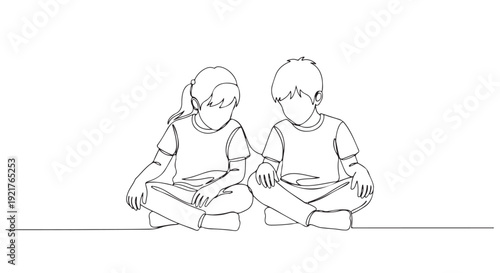 Children reading together, a simple line drawing of two kids engrossed in books