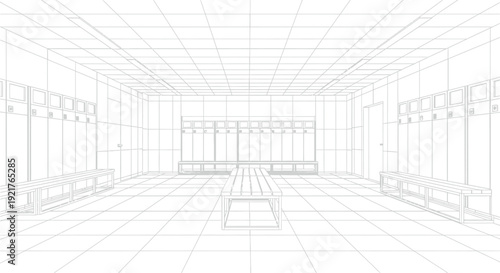 Detailed wireframe perspective drawing of an empty athletic locker room featuring rows of metal storage compartments and long wooden benches ready for use.