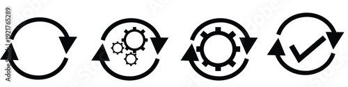 Sync Process Icons Set with Circular Arrows and Gear Wheel Symbols