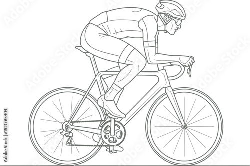 Detailed black and white line art illustration depicts a competitive professional cyclist in an aerodynamic tuck position riding a modern road racing bicycle illustration emphasizing speed and focus.