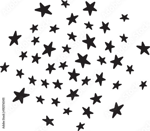 Collection of scattered black star shapes isolated on transparency