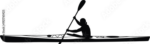Silhouette of a Single Person Paddling a Long Sea Kayak on Calm Water for Outdoor Sports Adventure Summer Fitness Competition and Water Activity Concept