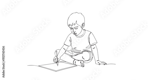A young child sitting on the floor intently drawing on a piece of paper with a pencil, showcasing creativity and childhood innocence