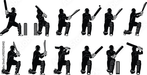Cricket Batsman Silhouettes Collection, Player Batting Action Poses with Wickets Isolated on White Background Sports Illustration Set