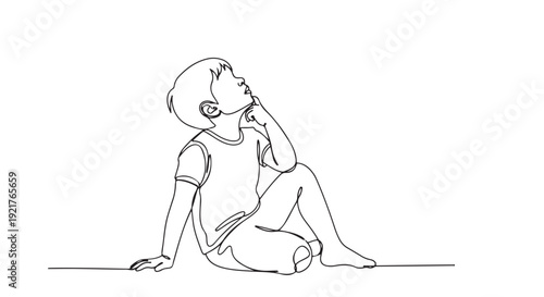 A thoughtful child sits in contemplation, looking up with a pensive expression, captured in a minimalist line drawing style