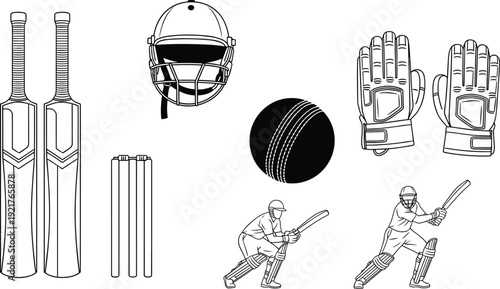 Cricket Equipment Set Illustration, Bat Ball Helmet Gloves Stumps and Player Action Poses Isolated on White Background