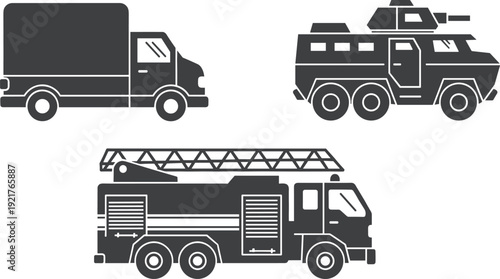 Emergency and utility vehicle icon set including delivery truck armored vehicle and fire engine, transportation service silhouettes isolated vector illustration
