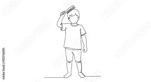 A single line drawing of a young boy with short hair combing his hair with a brush, standing in a casual pose