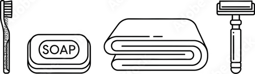 Line art icons representing essential hygiene and personal care items including a toothbrush soap bar a folded towel and a classic safety razor for travel kits