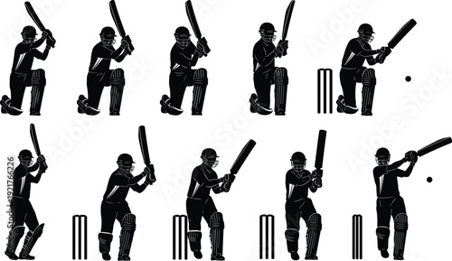 Cricket Player Silhouettes Batting Action, Professional Athlete with Bat and Wicket Isolated on White Background Vector Collection