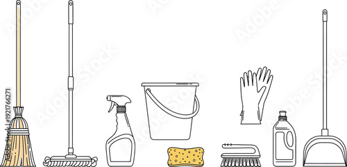 Collection of essential household cleaning tools and supplies illustrated in a simple line art style for domestic maintenance and sanitation tasks