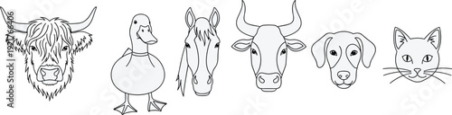 Farm and domestic animal face line art collection featuring cow duck horse dog and cat heads isolated vector illustration set