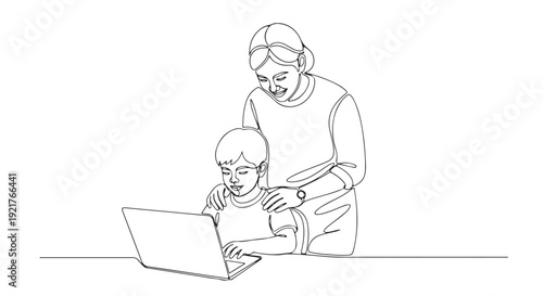 A grandmother and grandson interact with a laptop, symbolizing intergenerational connection and digital learning in a modern family setting