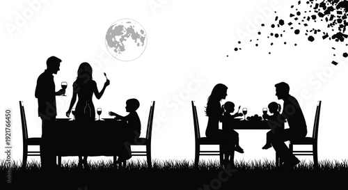 Silhouette of happy families dining outdoors at night with full moon, parents and children eating together at garden restaurant tables