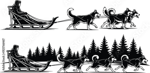 Set of realistic husky dog sledding silhouettes featuring a musher driving a team of dogs through a winter pine forest