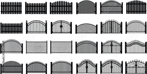 Fence and gate silhouette collection featuring wooden and metal designs, garden and property barriers isolated black vector illustration set