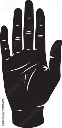 Black hand silhouette vector illustration with palmistry lines and fingers on background