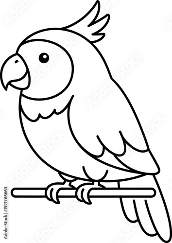 Simple black and white outline drawing of a cute cartoon cockatoo bird perched calmly upon a horizontal wooden branch ready for coloring activities.
