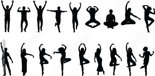 Dynamic Dancing Silhouettes Collection, Energetic Men and Women Jumping Poses Isolated on White Background for Fitness and Lifestyle Concept