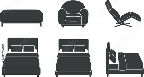 Furniture silhouette icon set, sofa armchair recliner bed designs, modern home interior elements vector collection isolated on white background