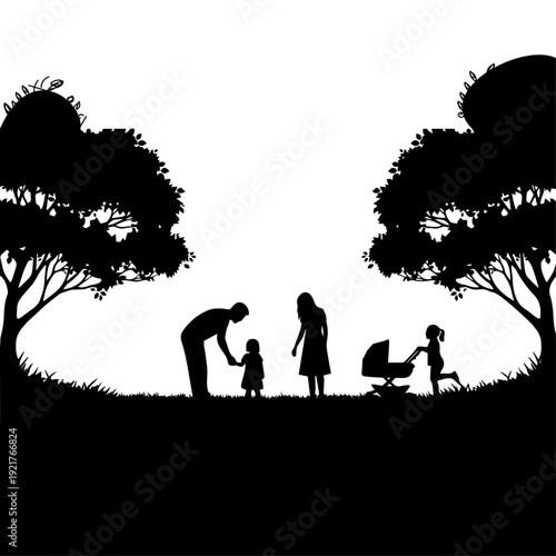 Family in Park Silhouette Scene – Black and White Parenting Illustration
