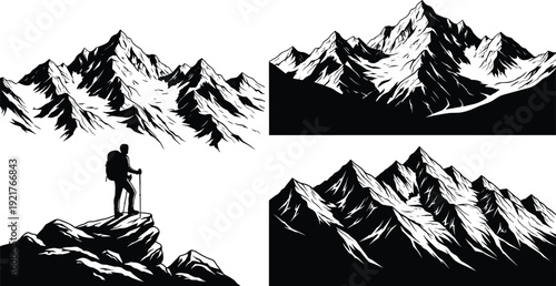 Set of realistic mountain silhouettes featuring snow capped peaks and a hiker standing on a rocky cliff for outdoor adventure