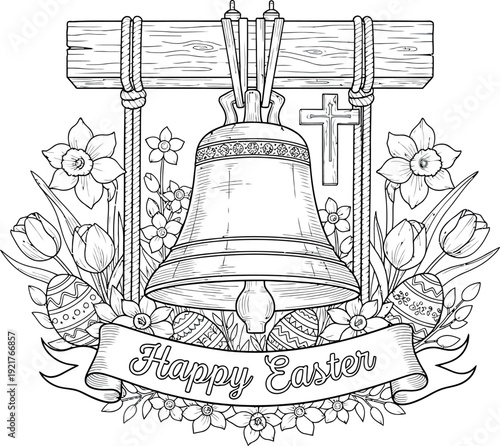 Black and white line art coloring page featuring a large hanging bell surrounded by spring flowers decorative eggs and a religious cross banner wishing happy easter celebration