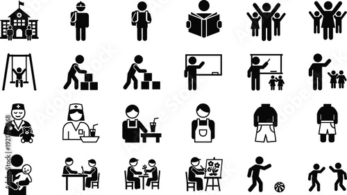 Education and people occupation icons set, black silhouette pictogram collection isolated on white background for infographic design concept