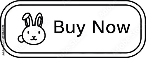 Adorable black and white outline icon featuring a cute rabbit mascot next to a clear call to action button labeled buy now for online shopping interfaces.