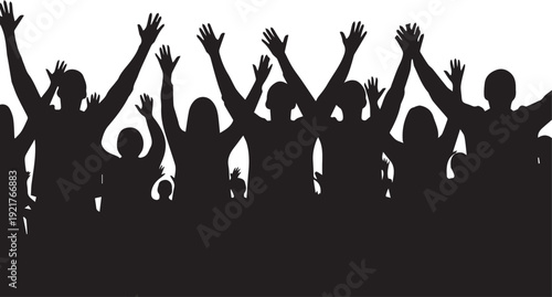 Crowd of people raising hands silhouette in worship and celebration religious vector art work