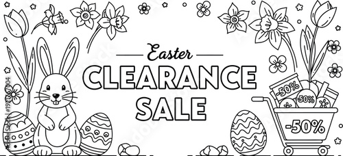 Outline drawing featuring a cute cartoon bunny with decorated eggs advertising a major holiday retail event emphasizing significant cost savings for shoppers.