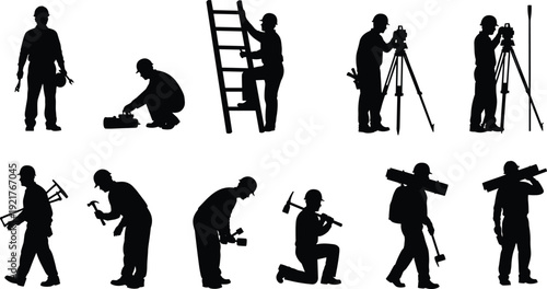 Construction worker silhouettes wearing hard hat, builder laborer climbing ladder surveying measuring carrying tools hammer toolbox poses, vector illustration industry set men.