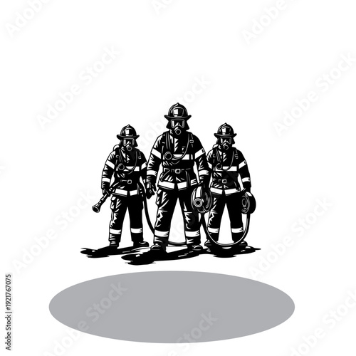 Firefighter Team Standing Together – Black and White Emergency Rescue Illustration