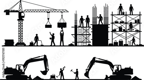 Set of industrial construction site silhouettes featuring heavy machinery like excavators cranes and workers for building development and civil engineering projects