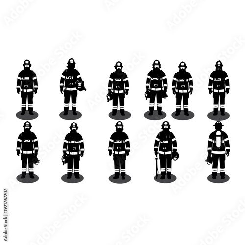 Firefighter Uniform Variations Set – Black and White Emergency Service Illustration