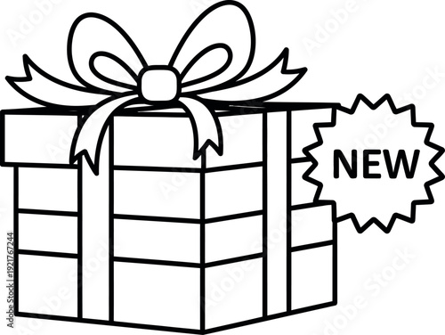 Simple black and white line art illustration of a wrapped gift box featuring a prominent bow on top and an attached burst shape displaying the word new for marketing purposes.