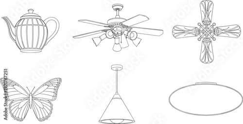 Hand drawn household objects line art set including teapot ceiling fan cross butterfly pendant lamp oval frame vector illustration collection