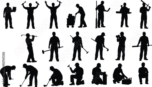 Collection of worker silhouettes with tools, mechanic handyman holding hammer wrench golf club toolbox kneeling standing poses, vector illustration labor set 